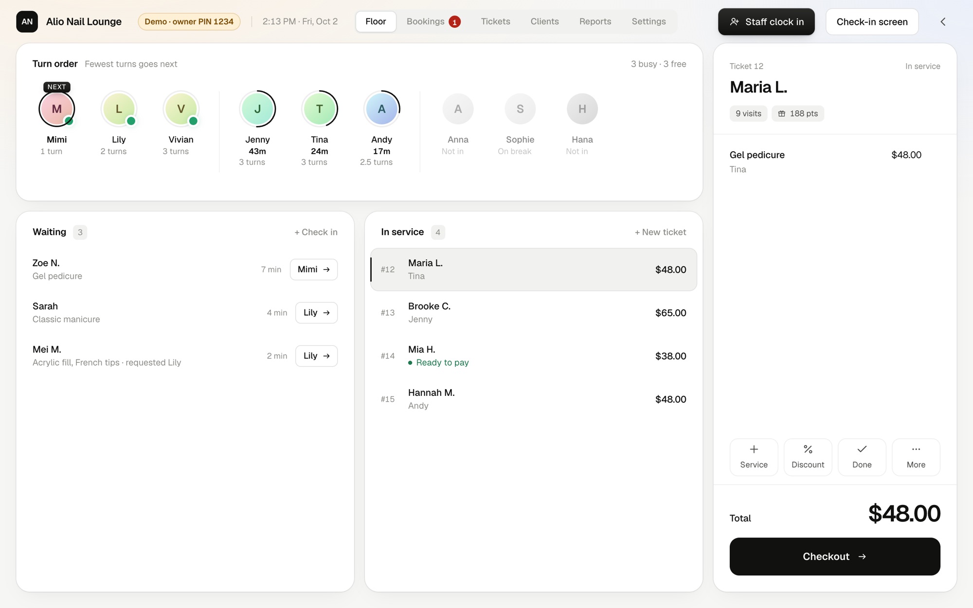 Alio POS floor screen: turn order, waiting list and open tickets
